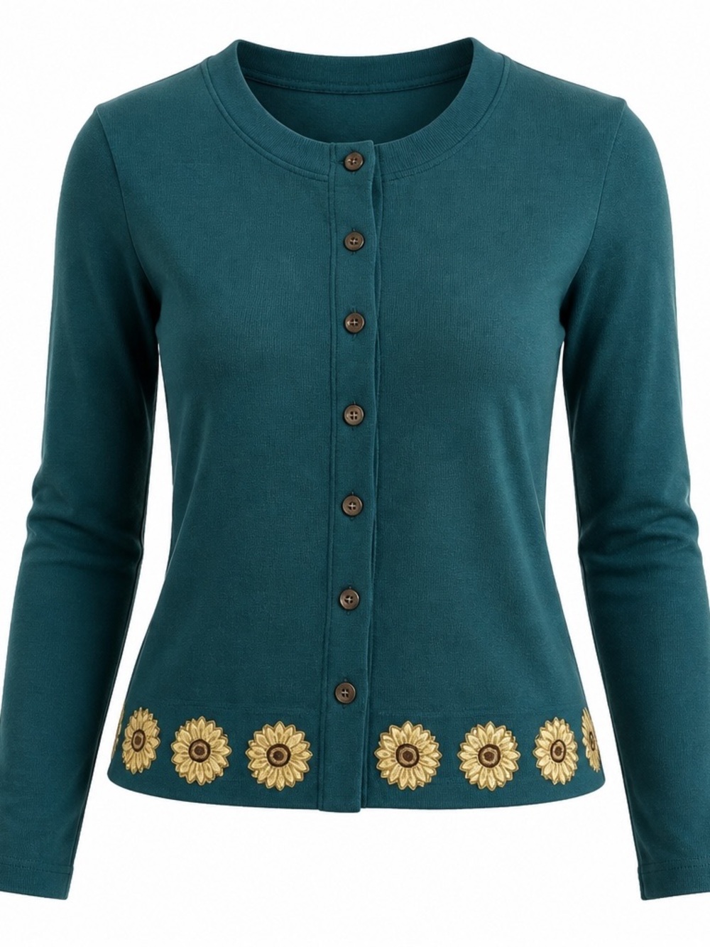 Bechamel | Vintage green 100% cotton sunflower trim button front sweater…